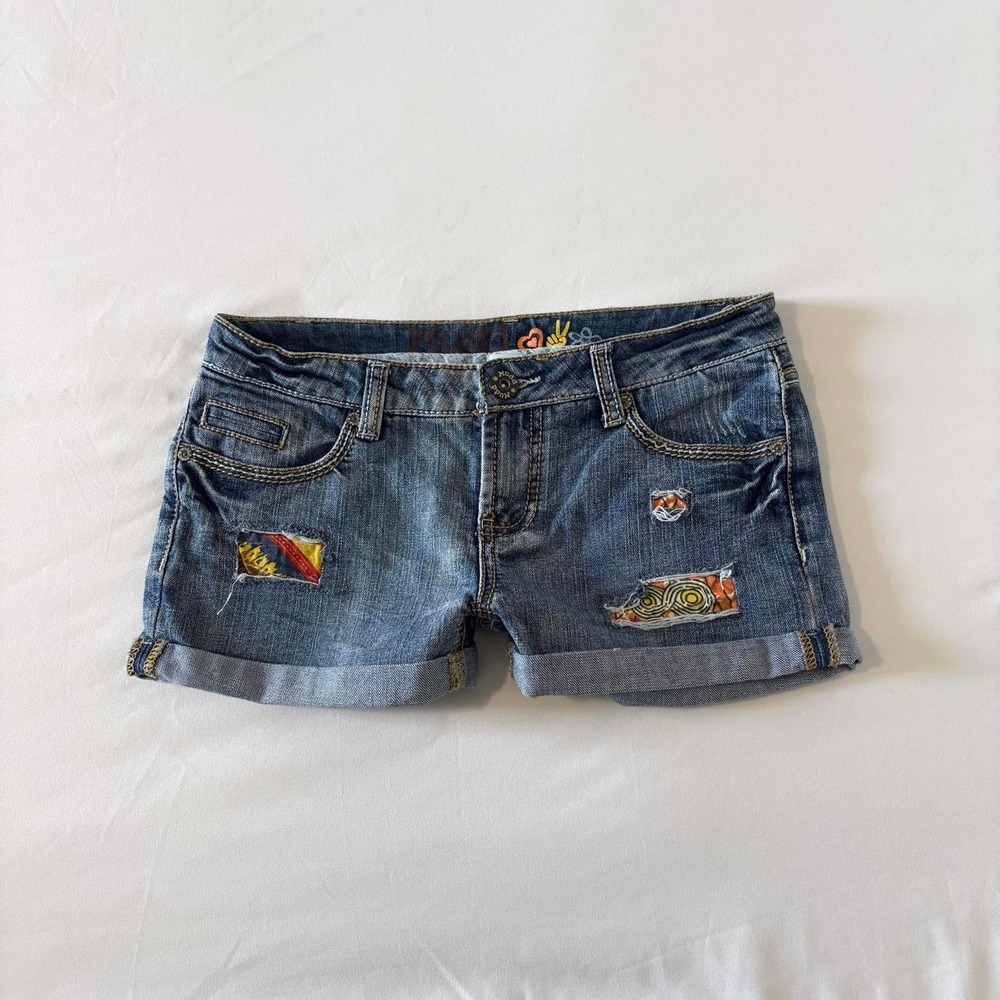 Mudd Patchwork Denim Mini Shorts Womens Size 5 Blue Low Rise Y2K Boho
